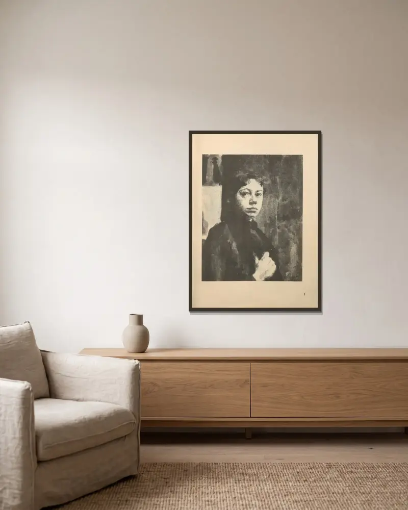 Selbstbildnis, 1925 – nr 14 av Käthe Kollwitz inramad på en vägg