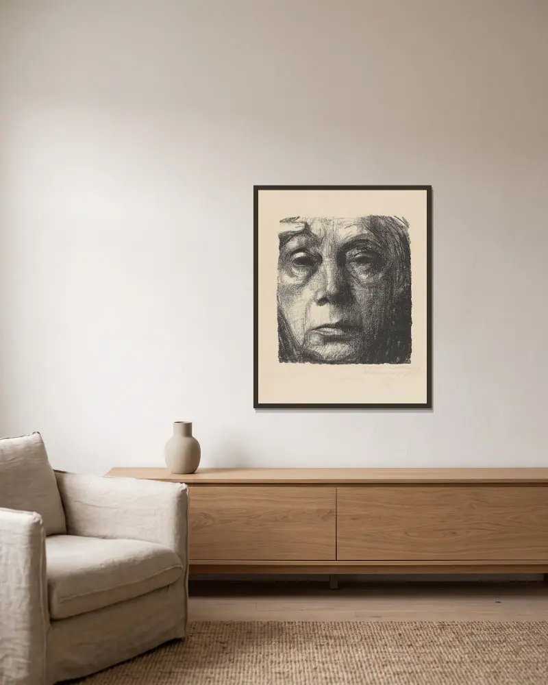 Selbstbildnis, 1934 av Käthe Kollwitz inramad på en vägg