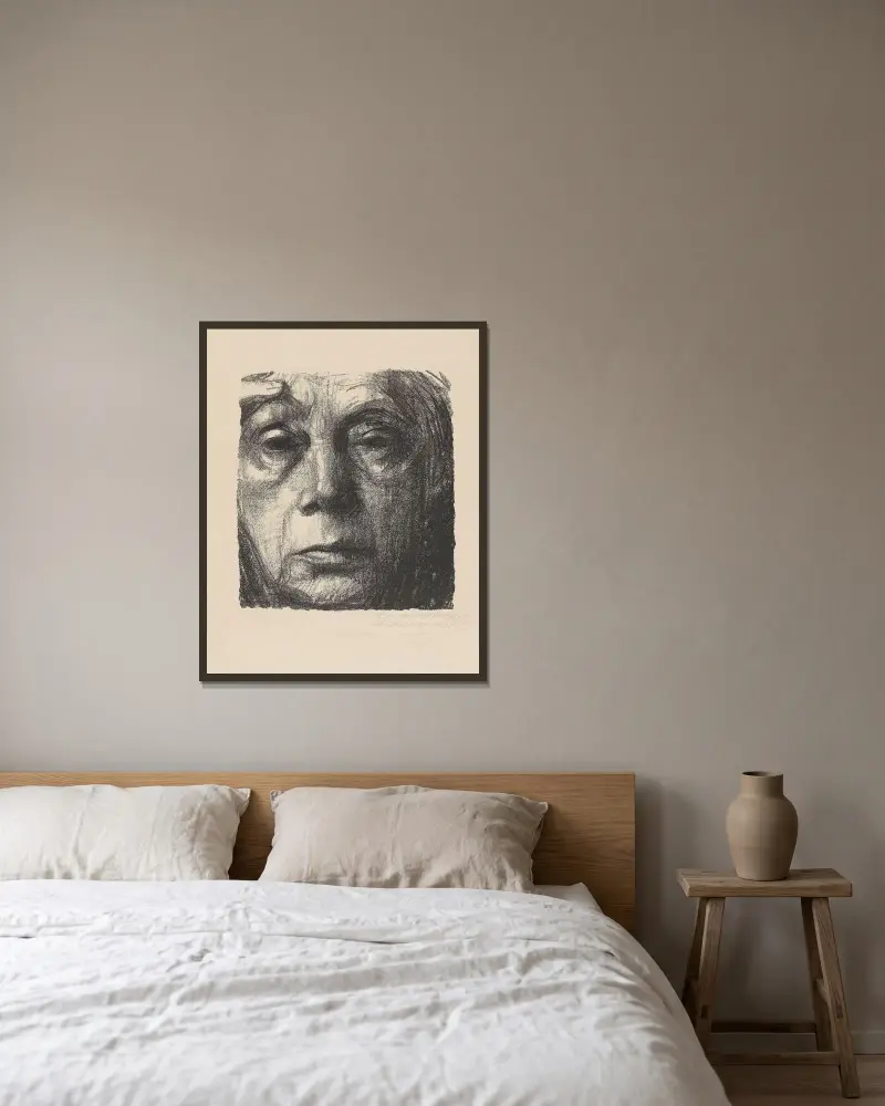 Selbstbildnis, 1934 av Käthe Kollwitz inramad på en vägg