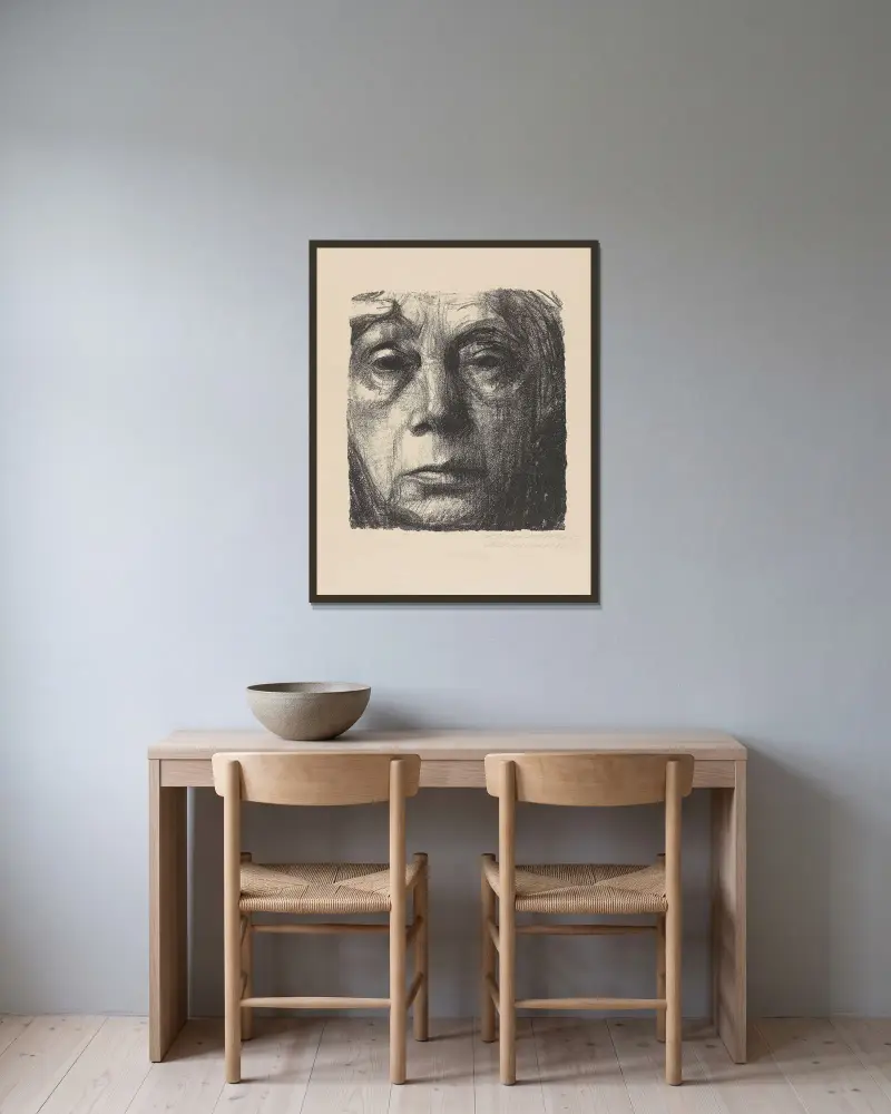 Selbstbildnis, 1934 av Käthe Kollwitz inramad på en vägg