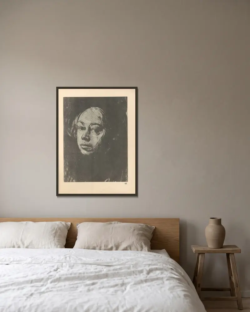 Selbstbildnis, 1925 – nr 3 av Käthe Kollwitz inramad på en vägg