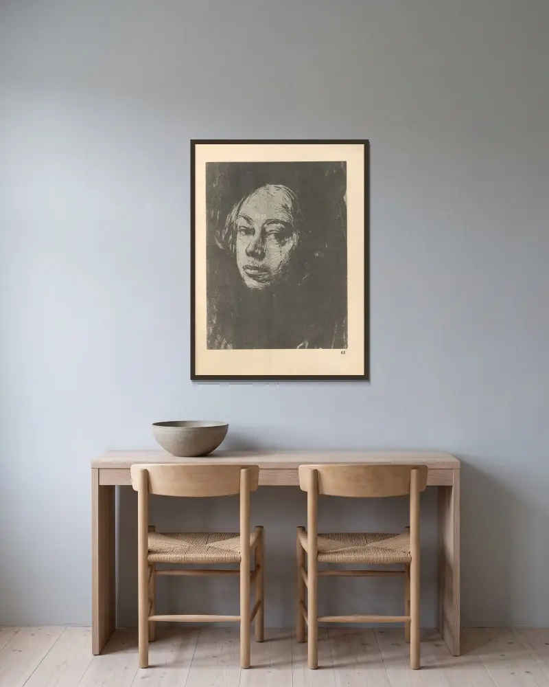 Selbstbildnis, 1925 – nr 3 av Käthe Kollwitz inramad på en vägg