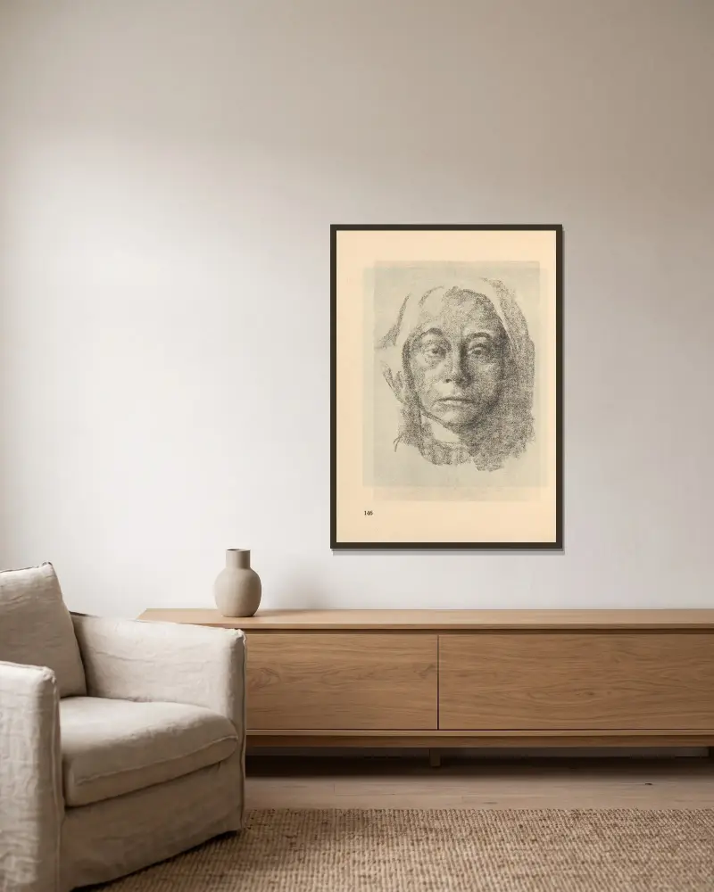 Selbstbildnis, 1925 – nr 7 av Käthe Kollwitz inramad på en vägg