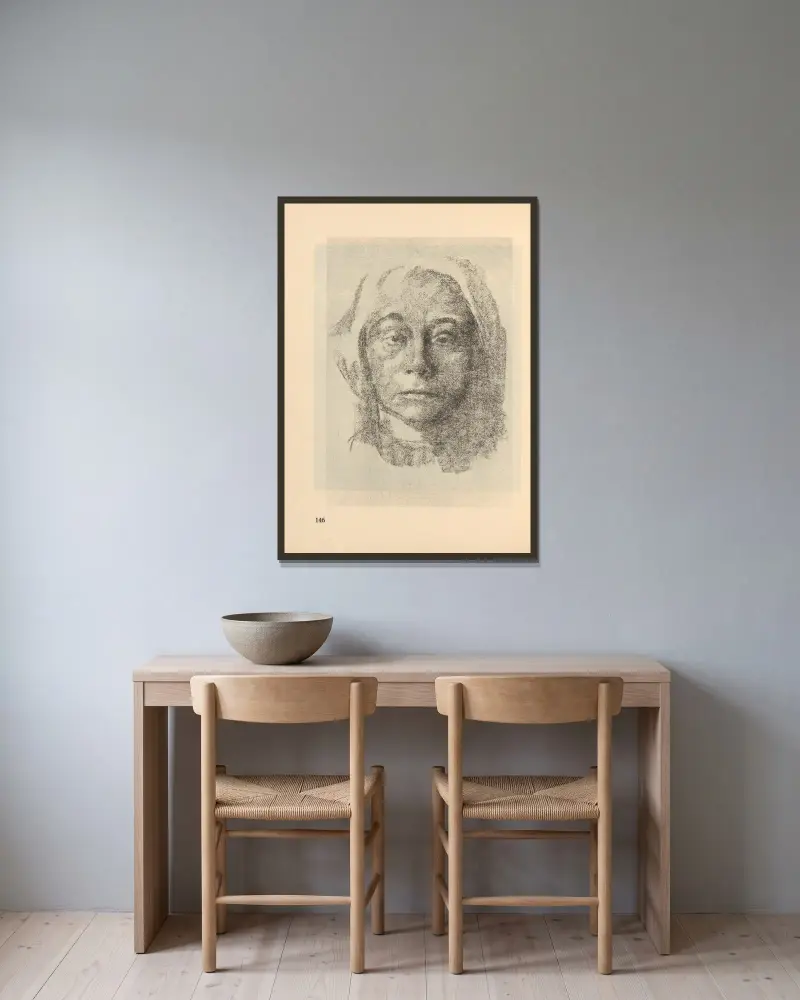 Selbstbildnis, 1925 – nr 7 av Käthe Kollwitz inramad på en vägg