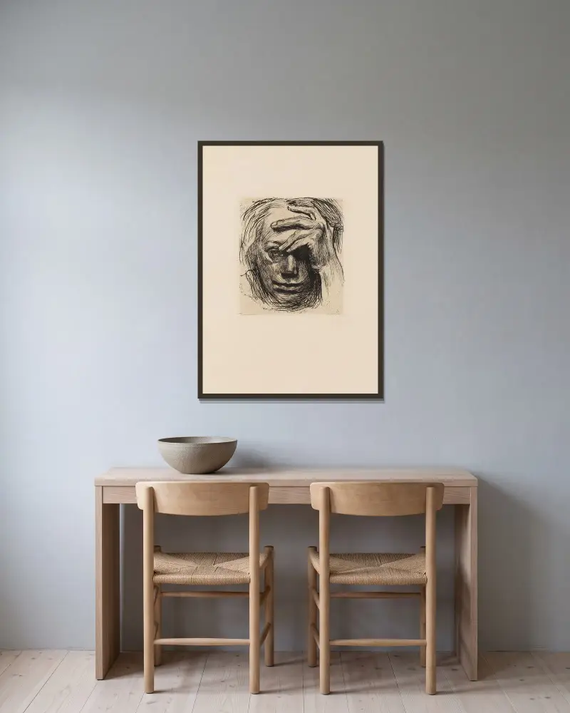 Självporträtt med handen vid pannan av Käthe Kollwitz inramad på en vägg