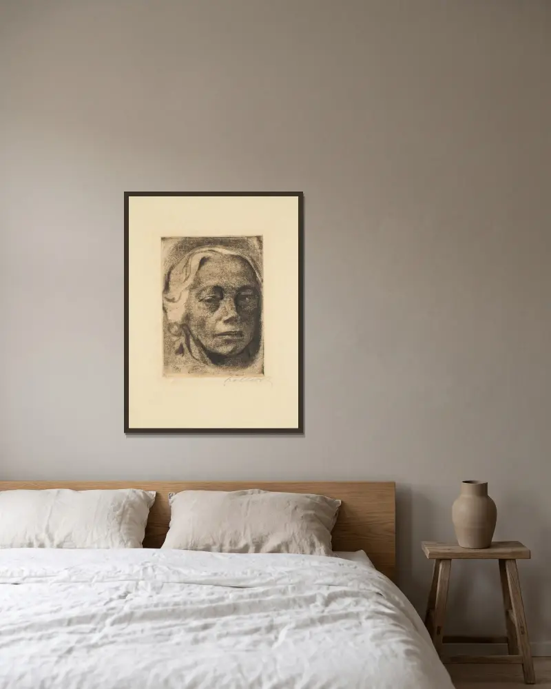 Self Portrait, 1912 av Käthe Kollwitz inramad på en vägg