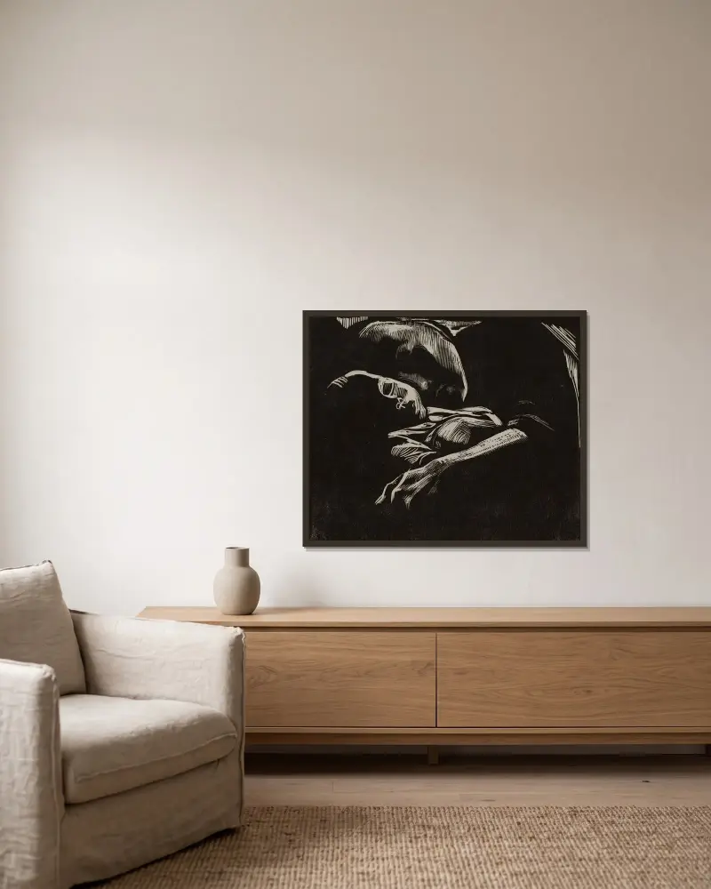 Sovande kvinna med barn av Käthe Kollwitz inramad på en vägg