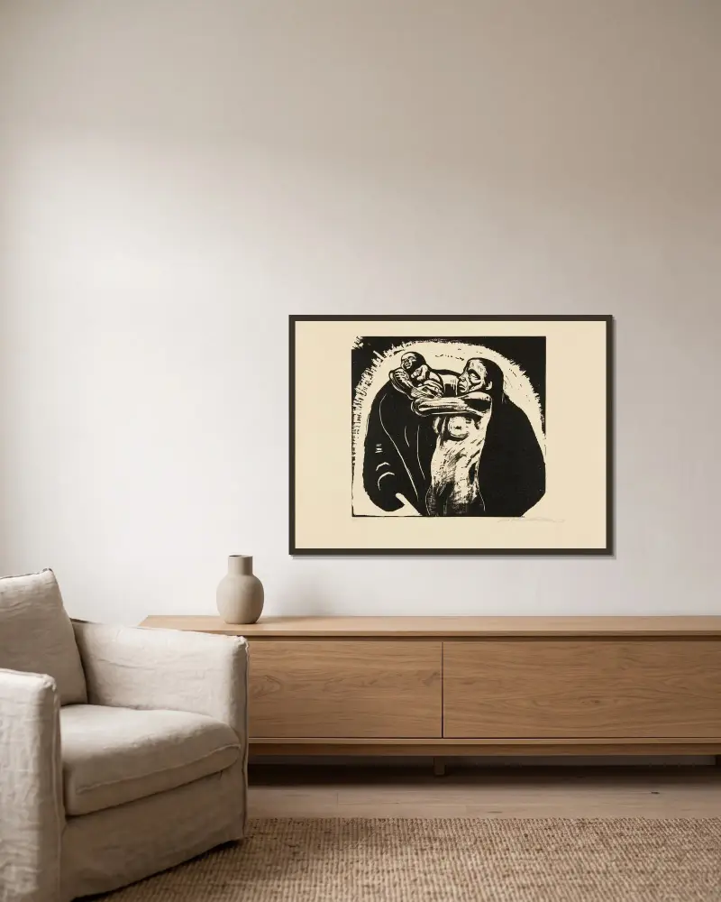 The Sacrifice (Das Opfer) av Käthe Kollwitz inramad på en vägg