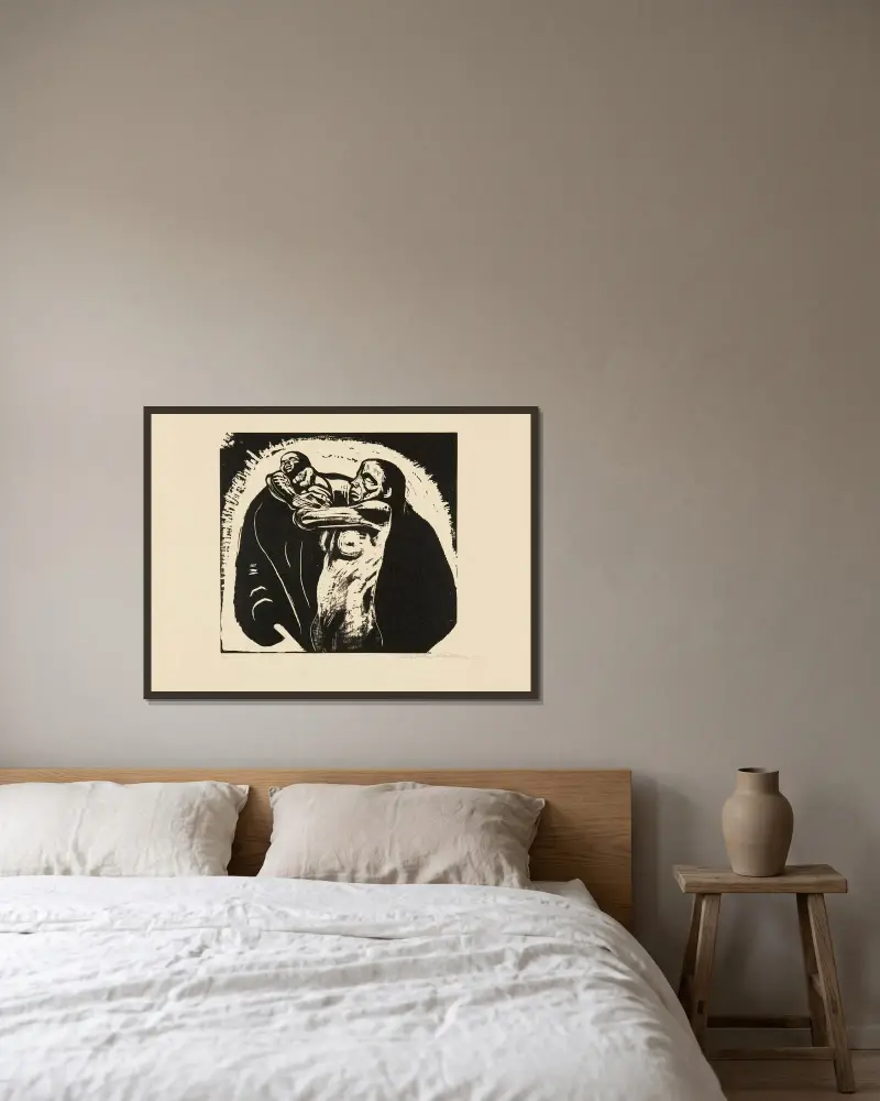 The Sacrifice (Das Opfer) av Käthe Kollwitz inramad på en vägg