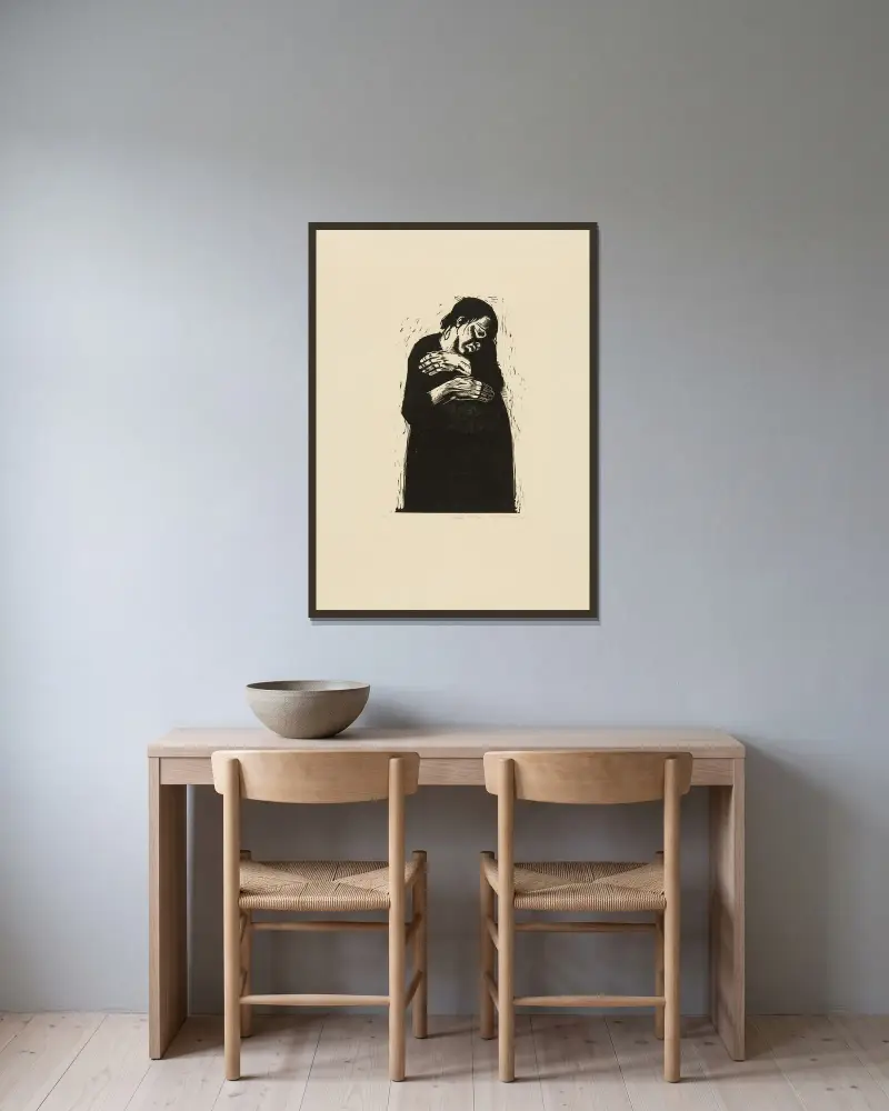 The Widow I (Die Witwe I) av Käthe Kollwitz inramad på en vägg
