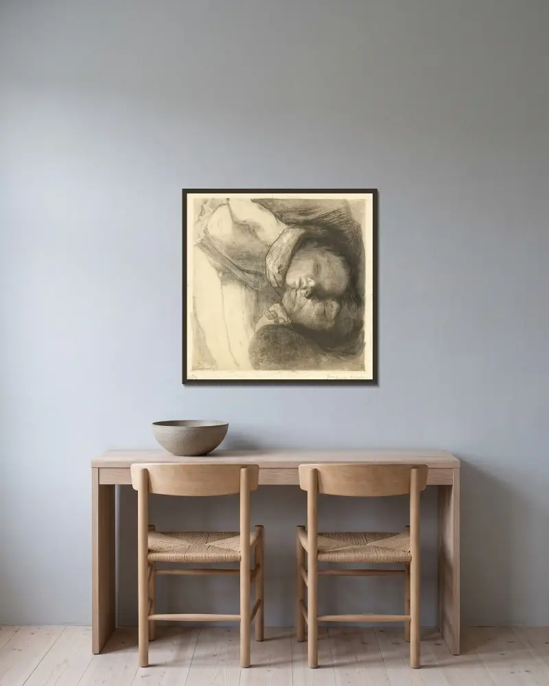 Död, kvinna och barn av Käthe Kollwitz inramad på en vägg