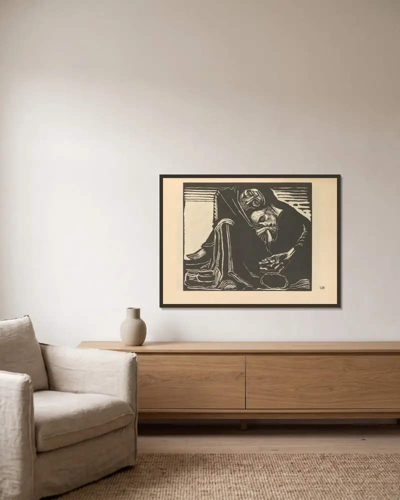 Tod mit Mädchen av Käthe Kollwitz inramad på en vägg