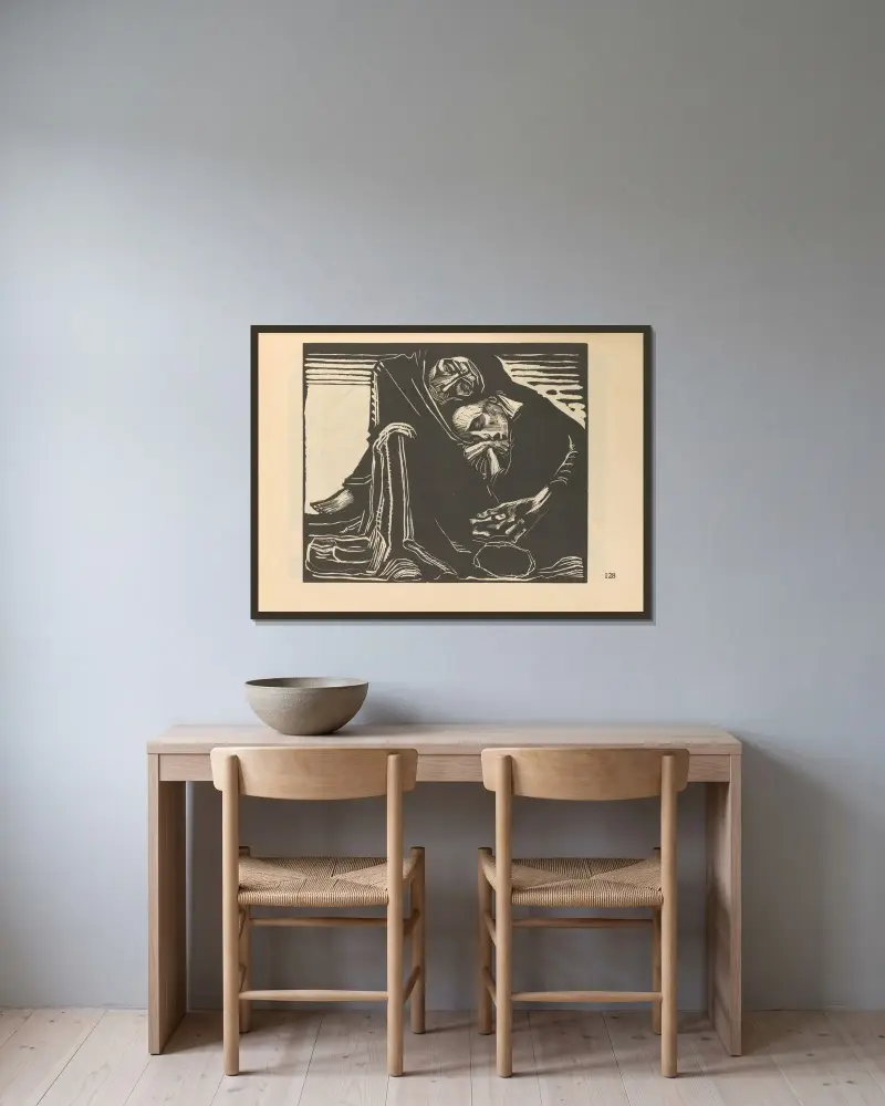 Tod mit Mädchen av Käthe Kollwitz inramad på en vägg