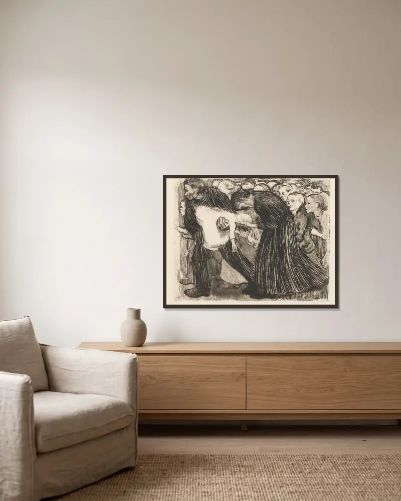 Überfahren, 1910 av Käthe Kollwitz inramad på en vägg