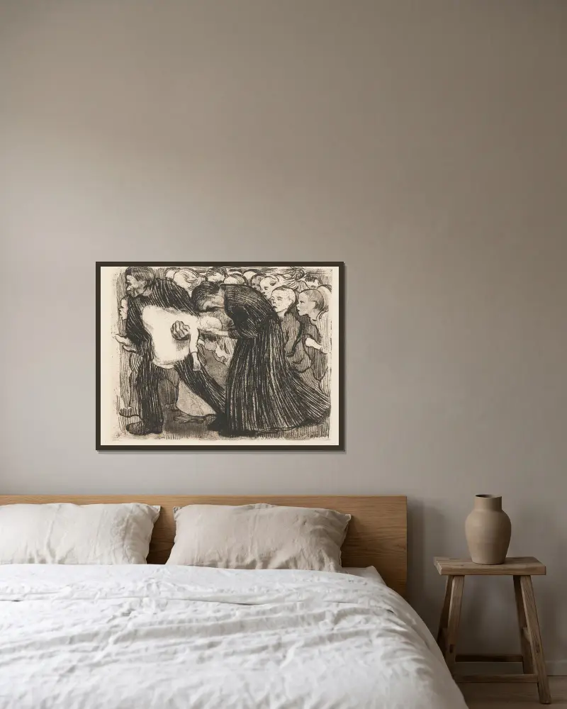 Überfahren, 1910 av Käthe Kollwitz inramad på en vägg