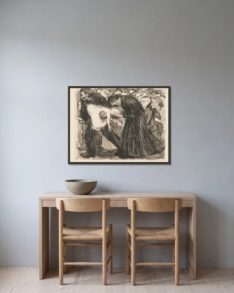 Überfahren, 1910 av Käthe Kollwitz inramad på en vägg