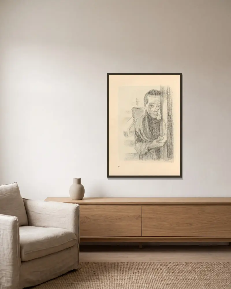 Teckningar för Simplicissimus, 1925 – nr 11 av Käthe Kollwitz inramad på en vägg
