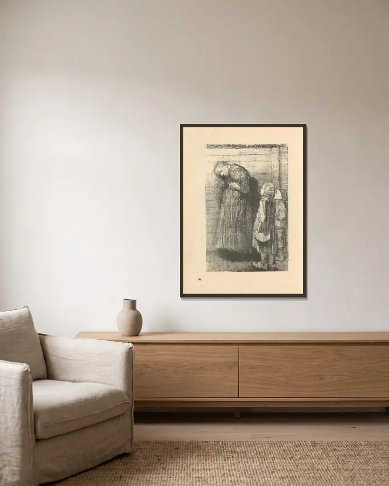 Teckningar för Simplicissimus, 1925 – nr 12 av Käthe Kollwitz inramad på en vägg