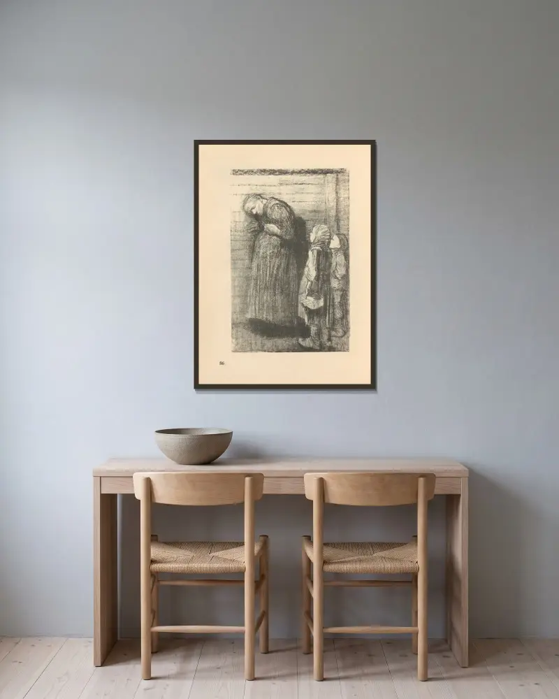 Teckningar för Simplicissimus, 1925 – nr 12 av Käthe Kollwitz inramad på en vägg