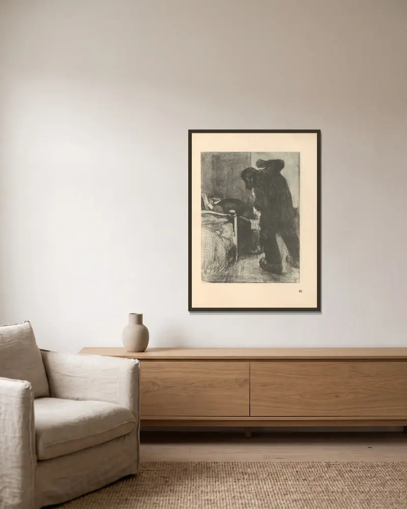 Teckningar för Simplicissimus, 1925 – nr 6 av Käthe Kollwitz inramad på en vägg