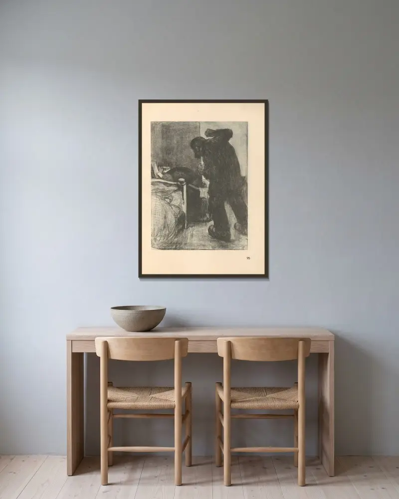 Teckningar för Simplicissimus, 1925 – nr 6 av Käthe Kollwitz inramad på en vägg