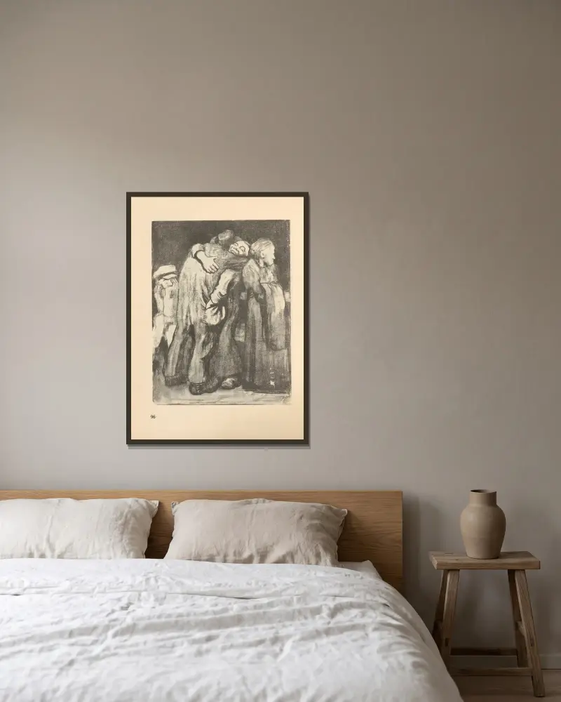 Teckningar för Simplicissimus, 1925 – nr 9 av Käthe Kollwitz inramad på en vägg