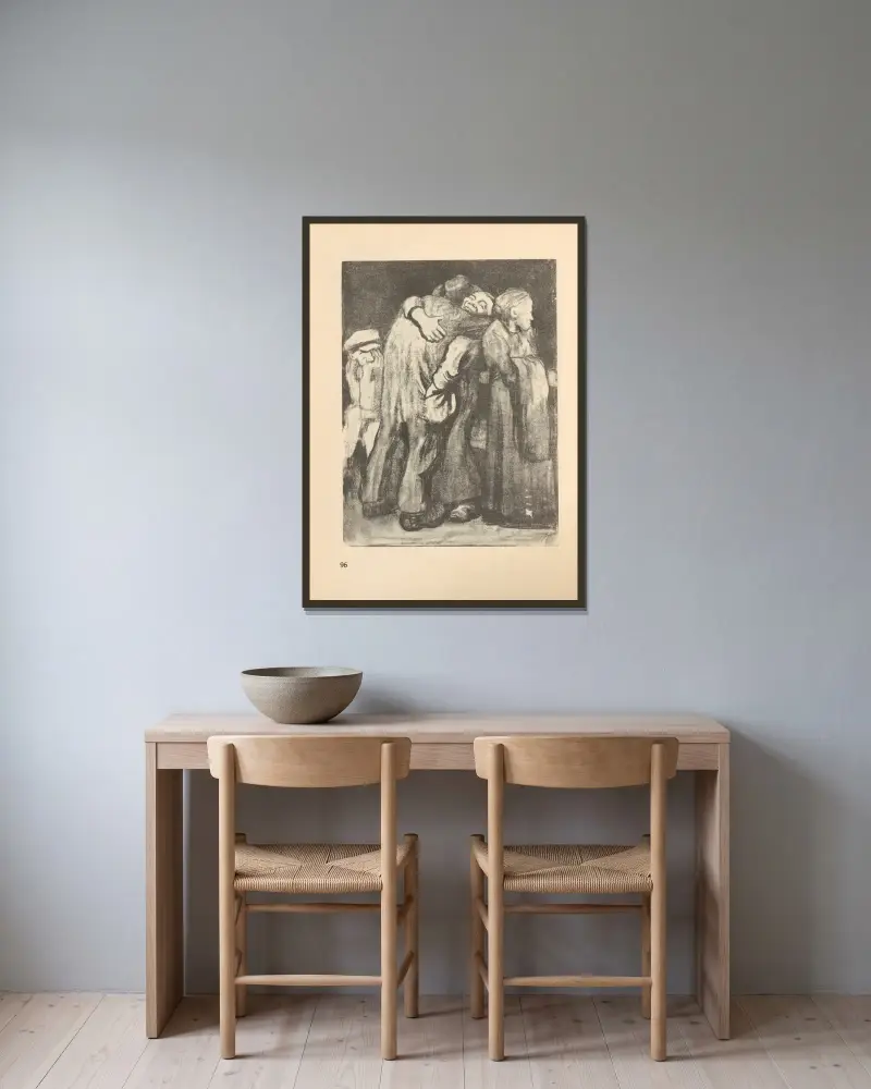 Teckningar för Simplicissimus, 1925 – nr 9 av Käthe Kollwitz inramad på en vägg