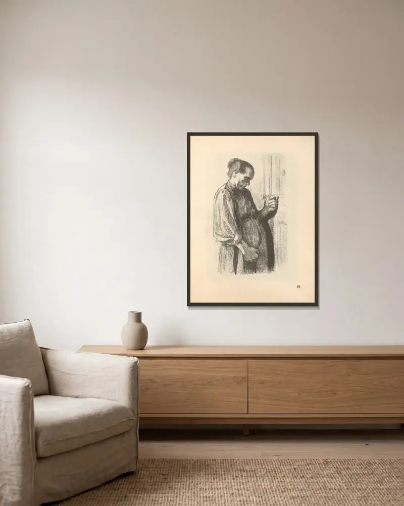 Teckningar för Simplicissimus, 1925 – nr 1 av Käthe Kollwitz inramad på en vägg