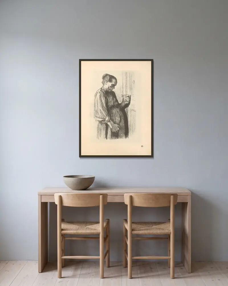 Teckningar för Simplicissimus, 1925 – nr 1 av Käthe Kollwitz inramad på en vägg