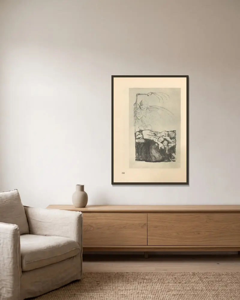 Tillhörande 'Döden', 1925 – nr 5 av Käthe Kollwitz inramad på en vägg