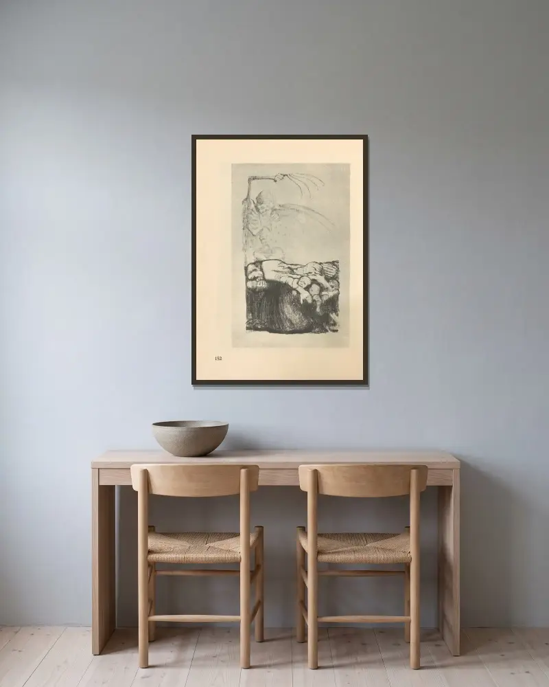 Tillhörande 'Döden', 1925 – nr 5 av Käthe Kollwitz inramad på en vägg