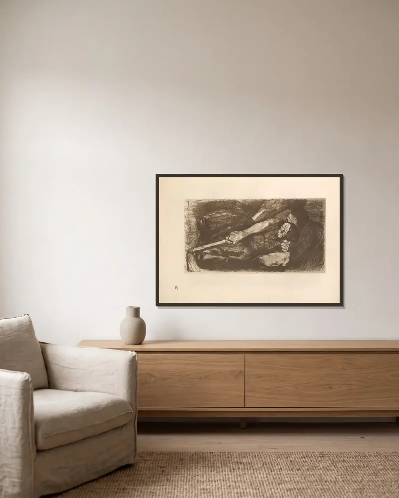 Tillhörande 'Bondekriget', 1925 – nr 10 av Käthe Kollwitz inramad på en vägg