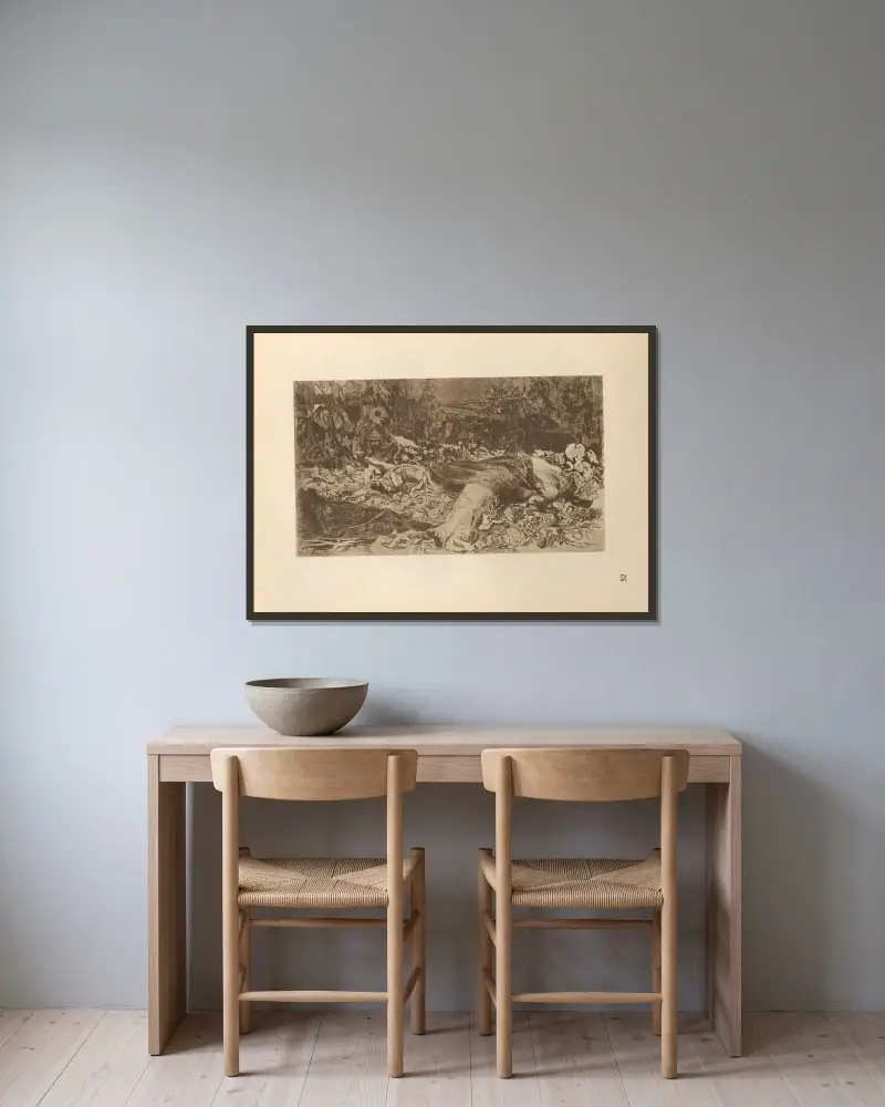 Tillhörande 'Bondekriget', 1925 – nr 13 av Käthe Kollwitz inramad på en vägg