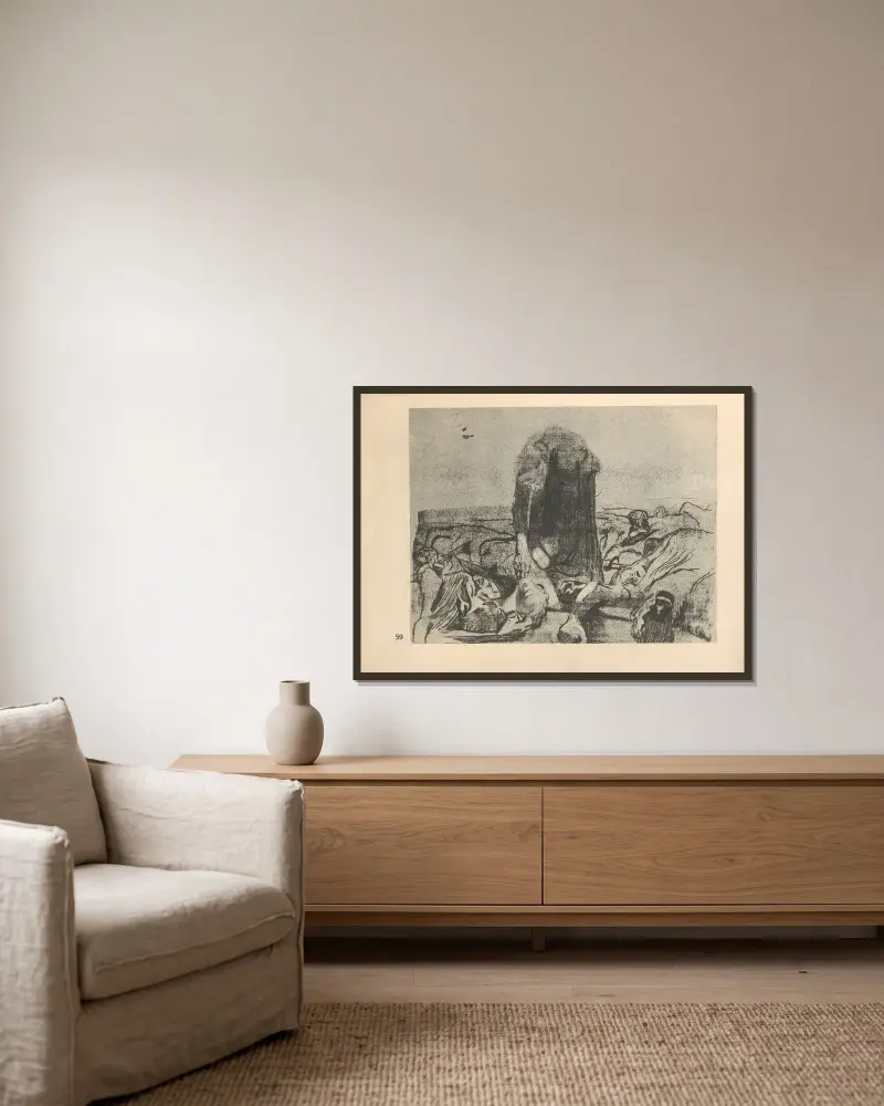 Tillhörande ”Bondekriget”, 1925 – nr 5 av Käthe Kollwitz inramad på en vägg