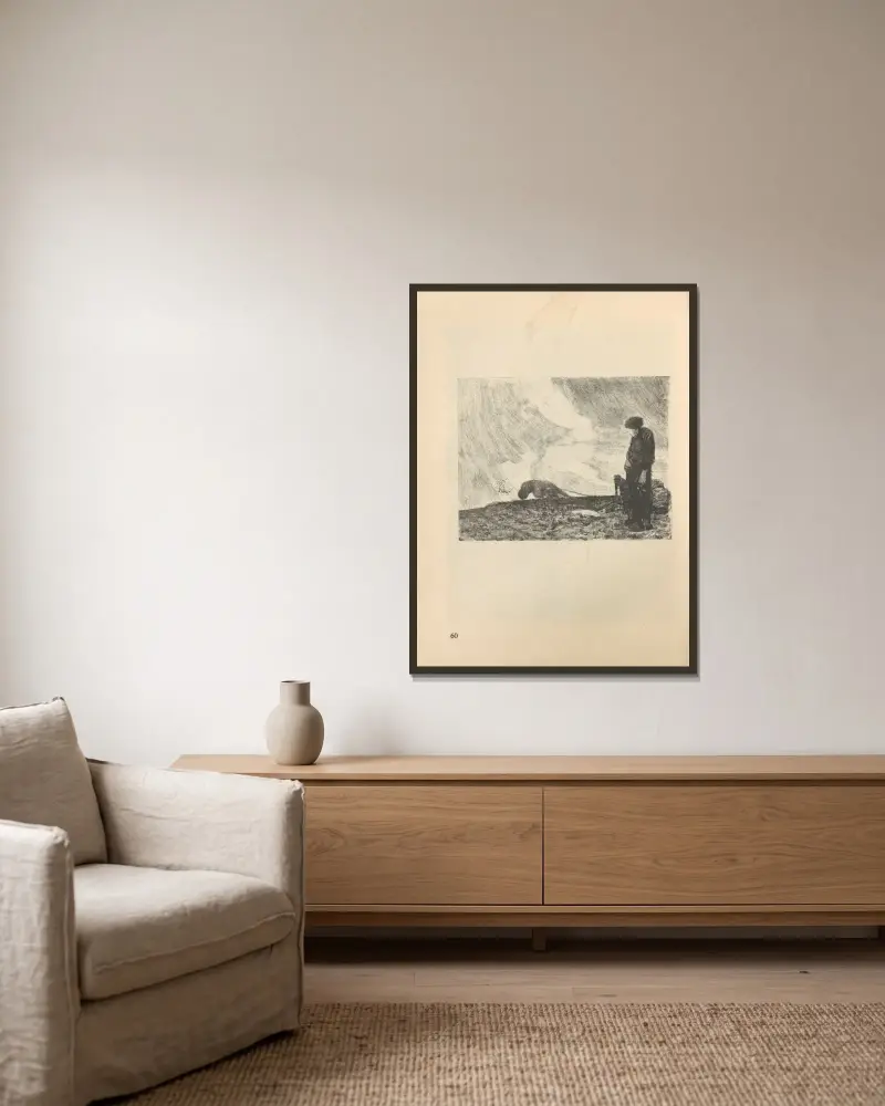 Tillhörande ”Bondekriget”, 1925 – nr 7 av Käthe Kollwitz inramad på en vägg