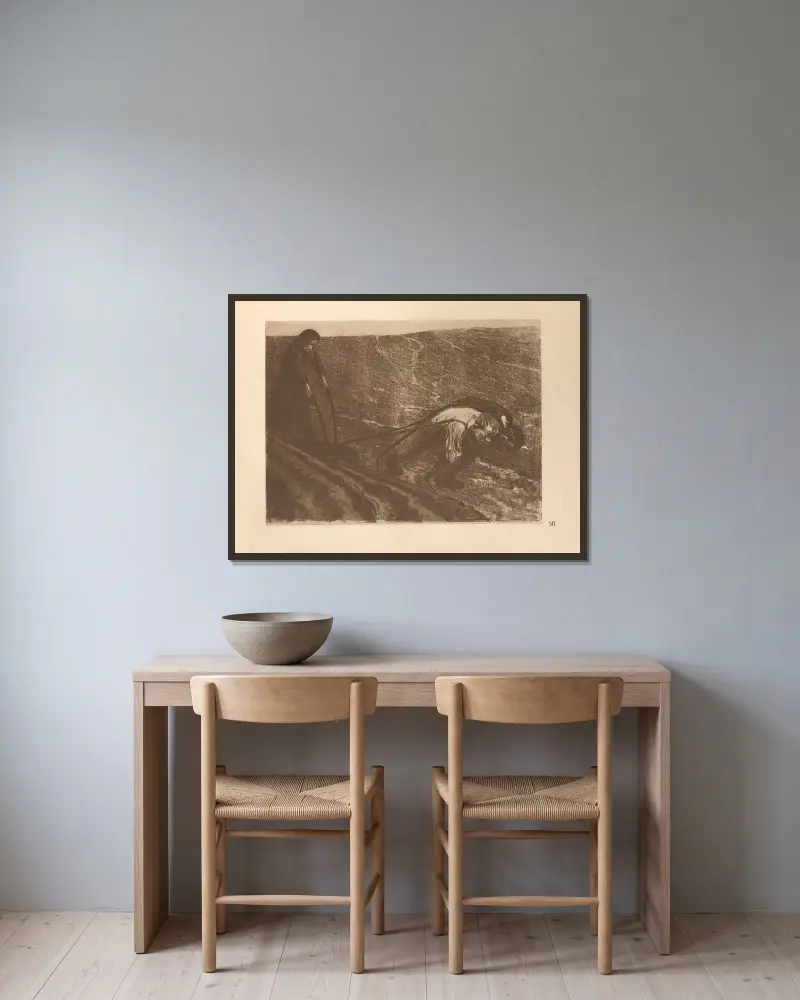 Tillhörande ”Bondekriget”, 1925 – nr 9 av Käthe Kollwitz inramad på en vägg