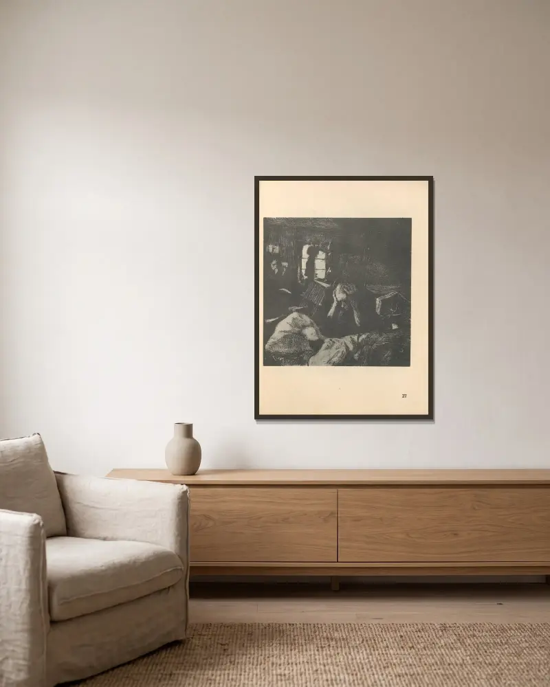 Tillhörande ”Vävarnas uppror”, 1925 – nr 10 av Käthe Kollwitz inramad på en vägg