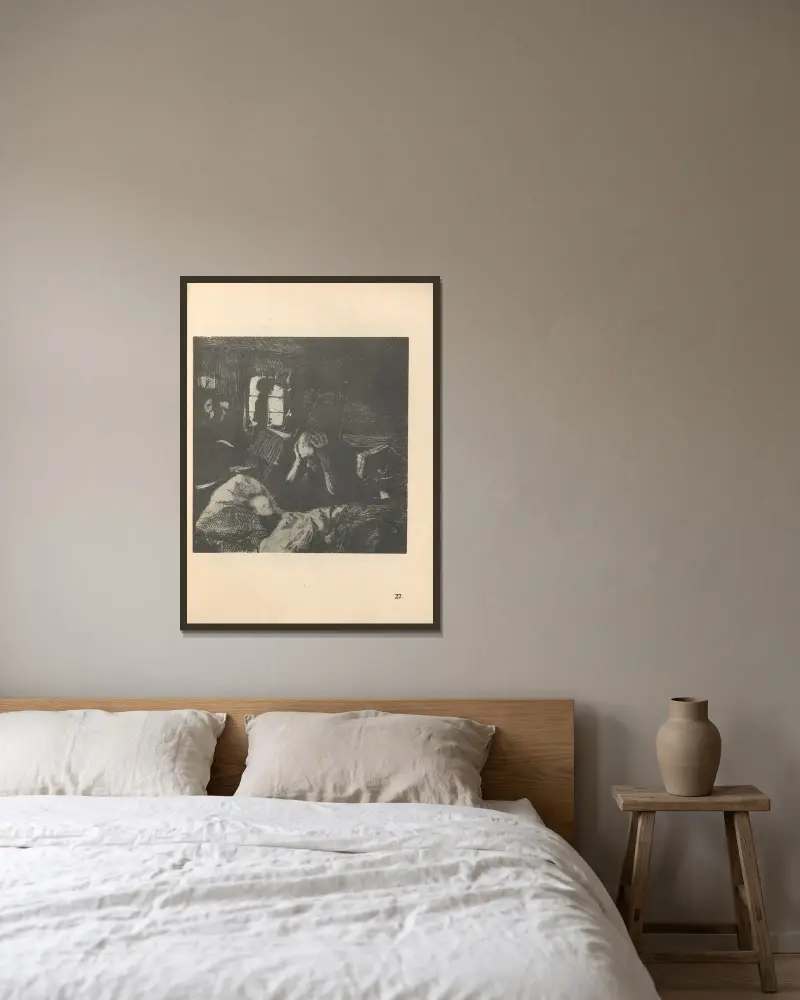 Tillhörande ”Vävarnas uppror”, 1925 – nr 10 av Käthe Kollwitz inramad på en vägg