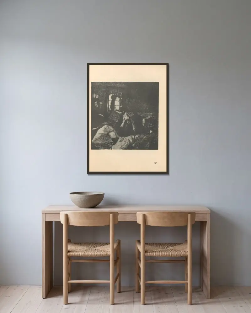 Tillhörande ”Vävarnas uppror”, 1925 – nr 10 av Käthe Kollwitz inramad på en vägg