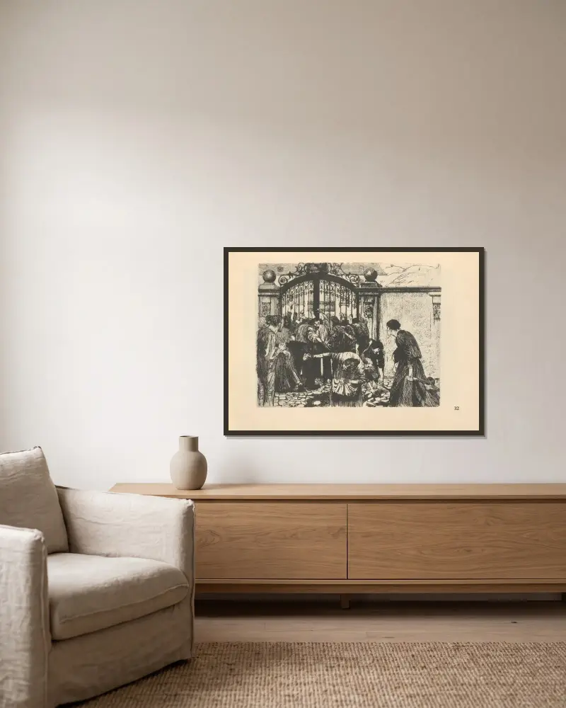 Tillhörande ”Vävarnas uppror”, 1925 – nr 13 av Käthe Kollwitz inramad på en vägg