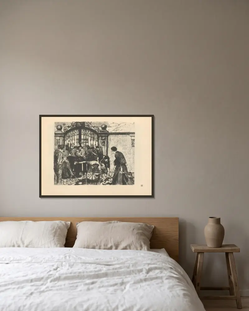 Tillhörande ”Vävarnas uppror”, 1925 – nr 13 av Käthe Kollwitz inramad på en vägg