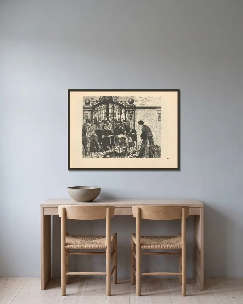 Tillhörande ”Vävarnas uppror”, 1925 – nr 13 av Käthe Kollwitz inramad på en vägg