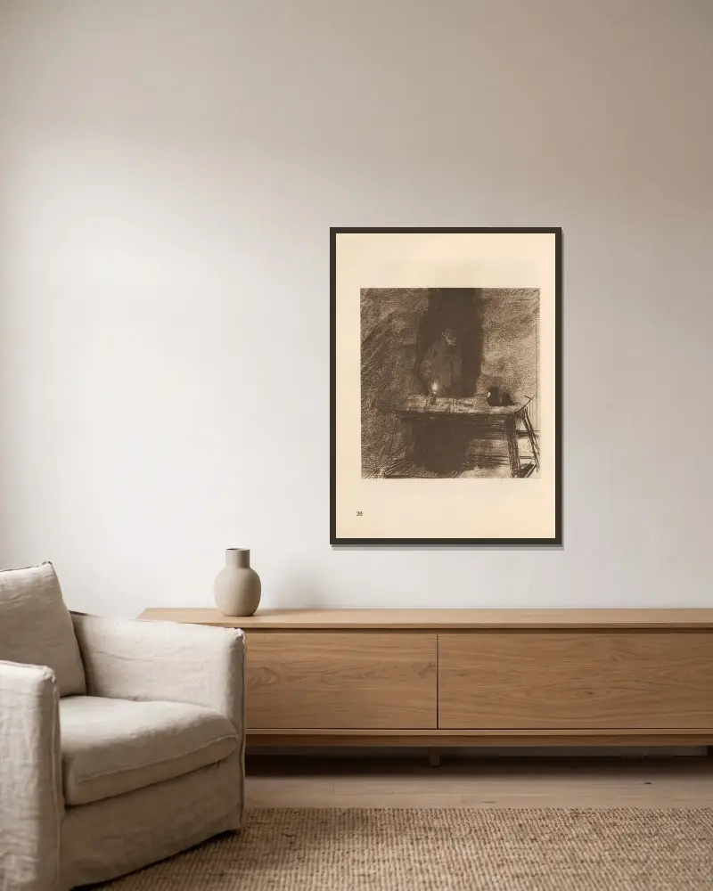 Tillhörande ”Vävarnas uppror”, 1925 – nr 14 av Käthe Kollwitz inramad på en vägg
