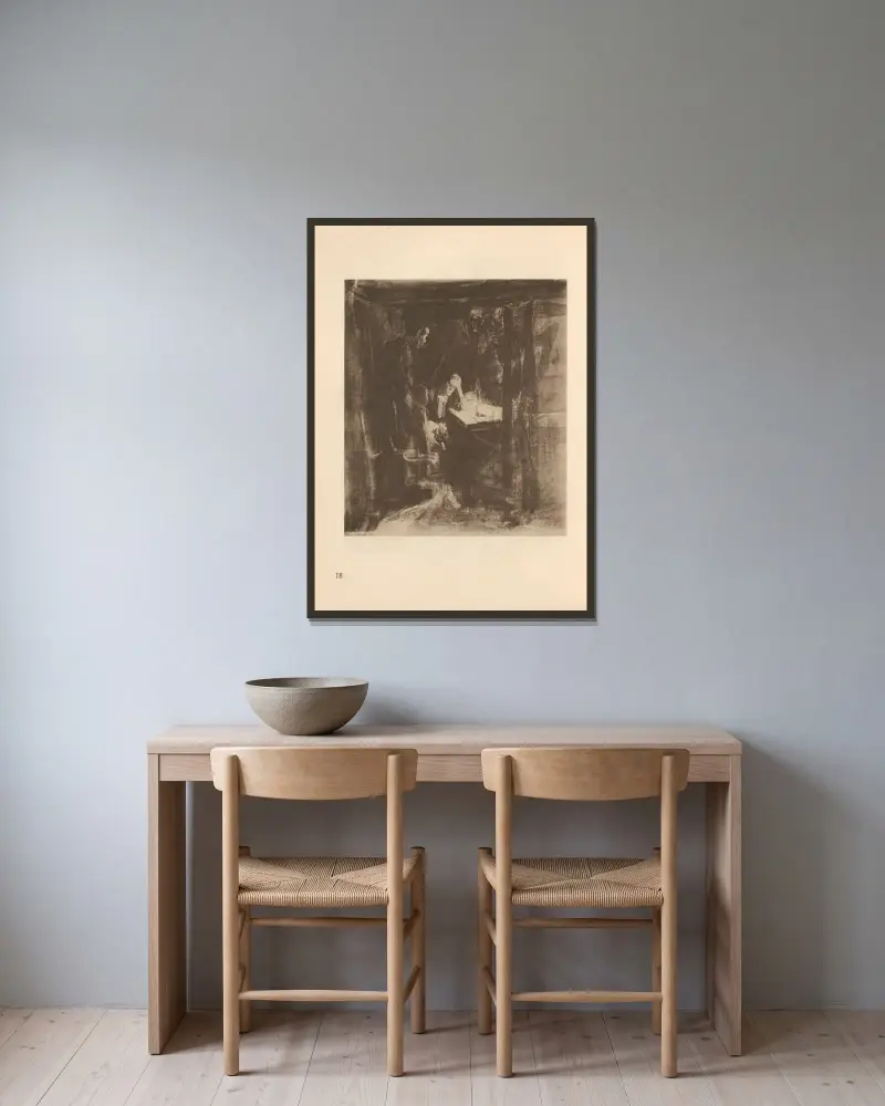 Tillhörande ”Vävarnas uppror”, 1925 – nr 16 av Käthe Kollwitz inramad på en vägg