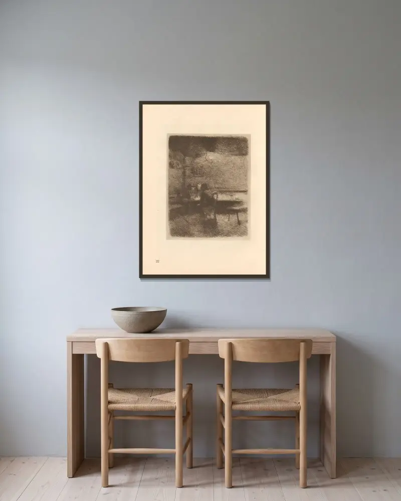 Tillhörande ”Vävarnas uppror”, 1925 – nr 6 av Käthe Kollwitz inramad på en vägg