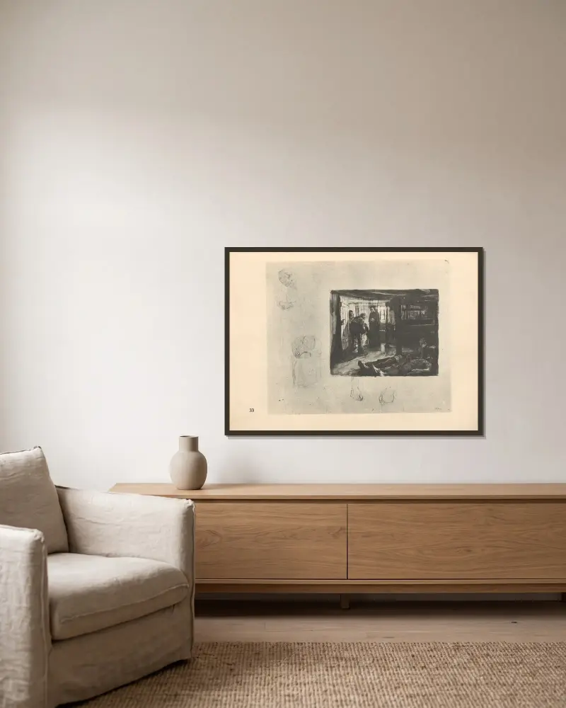 Tillhörande ”Vävarnas uppror”, 1925 – nr 7 av Käthe Kollwitz inramad på en vägg