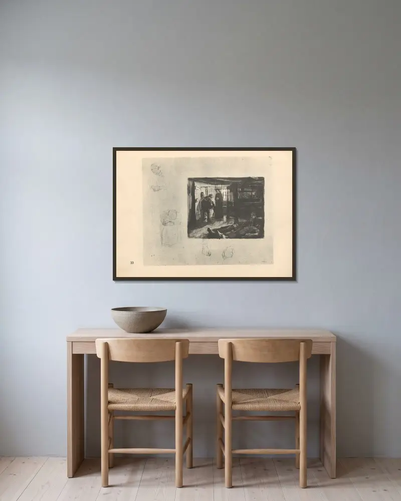 Tillhörande ”Vävarnas uppror”, 1925 – nr 7 av Käthe Kollwitz inramad på en vägg