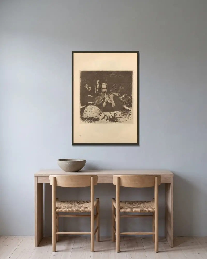 Tillhörande ”Vävarnas uppror”, 1925 – nr 8 av Käthe Kollwitz inramad på en vägg