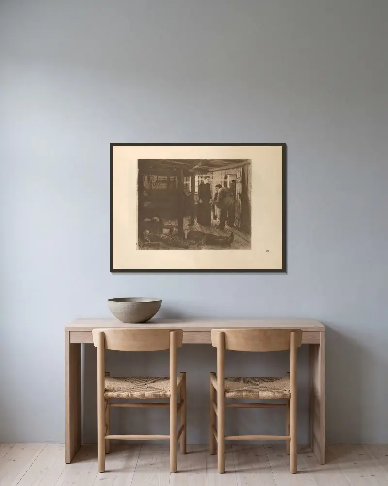 Tillhörande ”Vävarnas uppror”, 1925 – nr 9 av Käthe Kollwitz inramad på en vägg