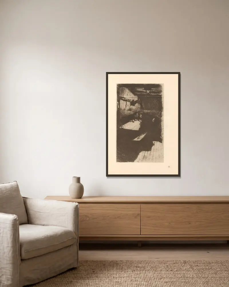 Tillhörande ”Vävarnas uppror”, 1925 – nr 1 av Käthe Kollwitz inramad på en vägg